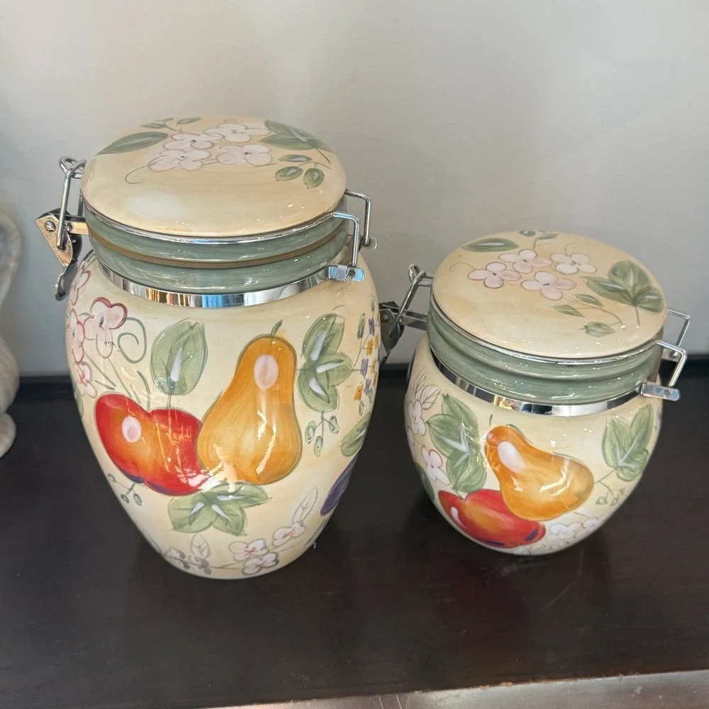 Vintage Gibson Designs Fruit Grove Ceramic Canister Set 2 Floral Fruit Cottage